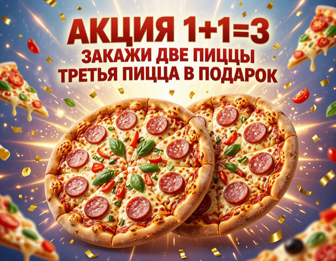 1+1=3 — и ещё пицца в подарок! Возвращаем самую выгодную акцию! 1+1=3 — и ещё пицца в подарок! Возвращаем самую выгодную акцию!